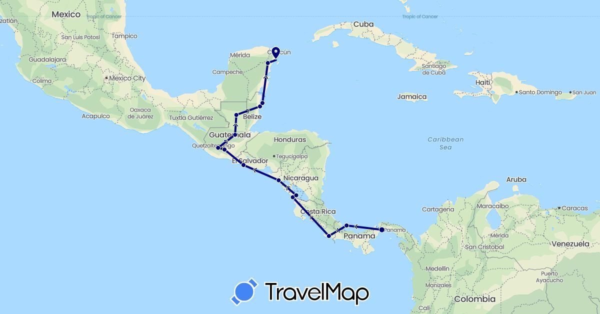 TravelMap itinerary: driving in Belize, Costa Rica, Guatemala, Mexico, Nicaragua, Panama, El Salvador (North America)